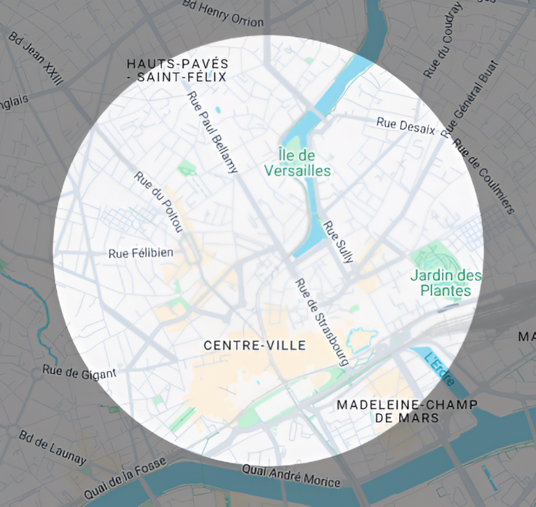 Zone de déplacement - professeur particulier de guitare à Nantes, Nantes centre et quartiers environnants